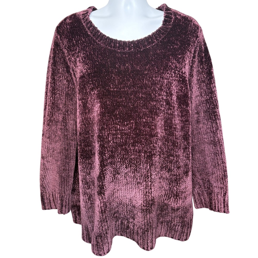 ORVIS Womens Burgundy Chenille Scoop Neck Sweater XXL Soft Ribbed Trim Cabin